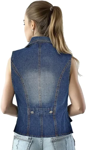 Vista 3 de Chaleco de mezclilla con solapa para mujer, chaleco con botones, chaleco azul