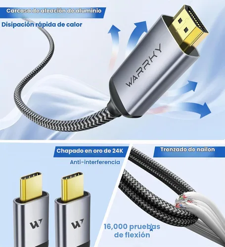 Vista 6 de Warrky Cable USB C a HDMI 4K 60Hz de 3.3 pies [enchufes chapados en oro antiinterferencias] Cable de aluminio tipo C a HDMI 2.0, Thunderbolt 3/4/5
