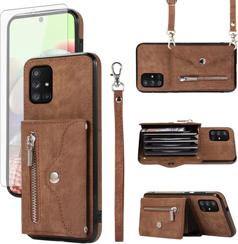Vista 11 de Funda para teléfono Samsung Galaxy A71 5G con protector de pantalla de vidrio templado y correa cruzada para la muñeca, cordón para tarjeta de Negro