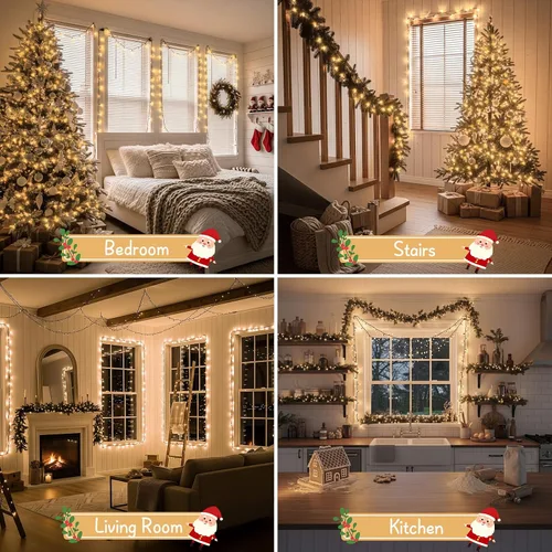 Vista 3 de suddus Luces de árbol de Navidad para interiores, 100 luces LED de 33 pies de color blanco cálido, tira de luces al aire libre para casa, ventanas