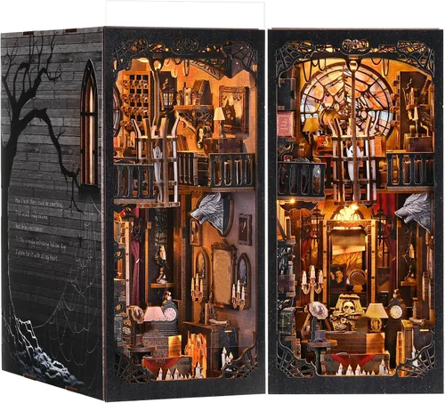 Vista 14 de Kit de Rincón de Libro Espeluznante DIY, Casa de Muñecas en Miniatura Rompecabezas 3D de Halloween, Rompecabezas de Madera 3D de Terror Aterrador