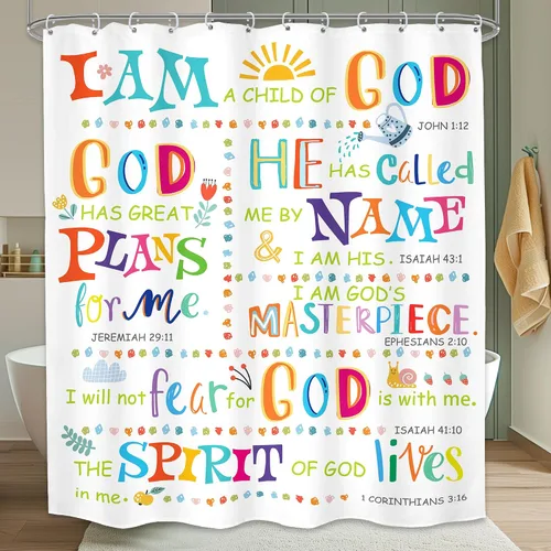 Vista 14 de Cortina de ducha cristiana con versos bíblicos para niños, baño, 48 pulgadas de ancho x 71 pulgadas de alto, pequeña cabina, escrituras