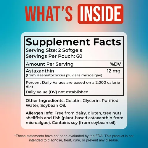 Vista 2 de Astaxantina 12 mg - Suplemento antioxidante de microalgas, 120 cápsulas blandas para apoyo a los ojos, la piel y el bienestar