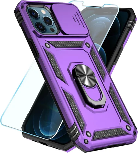 Vista 8 de SunStory Funda compatible con iPhone 12 Pro Max con protector de pantalla HD, cubierta de cámara deslizante y soporte de anillo giratorio