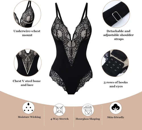 Vista 6 de Fajas Colombianas - Body de encaje sexy para mujer, con control de abdomen, espalda descubierta, cuello en V, tangas