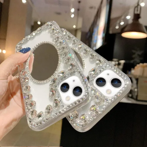 Vista 4 de Funda para iPhone 14 con purpurina y espejo, funda protectora de lujo con diamantes de imitación y diamantes de imitación 3D