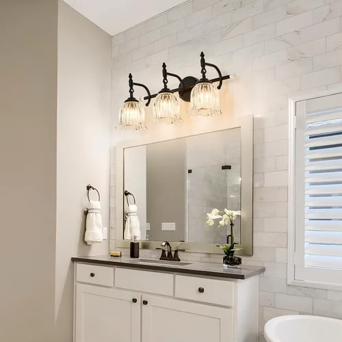 Vista 2 de CVKASH Accesorios de Lámpara de Tocador de Baño de 3 Luces Sobre Espejo, Lámpara de Tocador Moderna Negra con Pantalla de Vidrio, Aplique de Pared