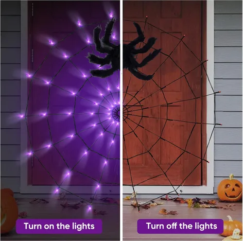Vista 6 de LCHUANG Decoraciones de Halloween con luces de telaraña – 2 piezas de telaraña iluminadas, 4 pies de diámetro, 70 LED con araña negra, impermeable