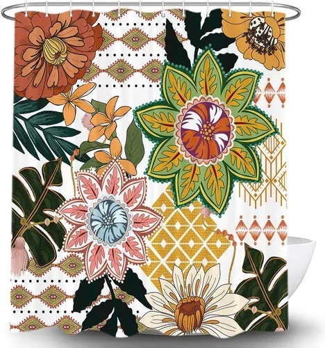 Vista 3 de Torich Cortina de ducha bohemia floral para baño, abstracta de mediados de siglo, decoración bohemia, cortinas de baño, flores botánicas, hojas
