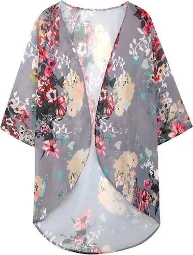 Vista 8 de Cárdigan tipo kimono para mujer, de manga abombada con estampado floral, casual