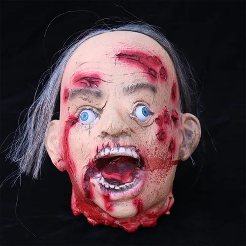 Vista 9 de RiceelSor Decoración colgante de cabeza dividida para Halloween, diseño de cadáver sangriento, de terror, de tamaño real, con peluca, disfraz