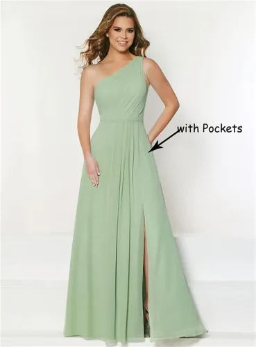 Vista 2 de Vestidos de dama de honor de un hombro para boda, vestido largo de gasa formal con abertura
