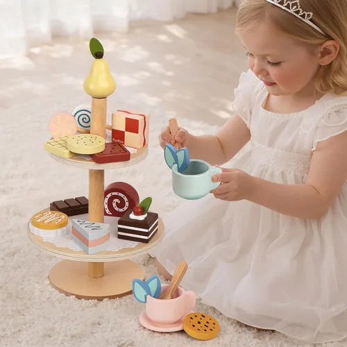 Vista 6 de Juego de Fiesta de Té con Soporte para Postres - Juguetes de Madera de Comida de Juego de Simulación y Accesorios de Cocina para Juego de Té