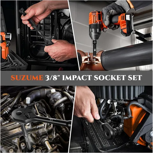 Vista 7 de SUZUME Juego de llaves de impacto de 3/8, acero Cr-V, 6 puntas, accionamiento de 3/8", 50 piezas métricas estándar (8-22mm) y SAE