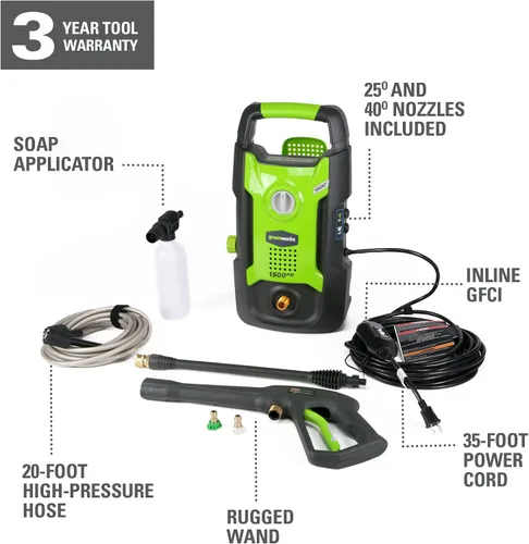Vista 3 de Lavadora a presión Greenworks de 1500 PSI 1.2 GPM (vertical portátil) Certificada PWMA