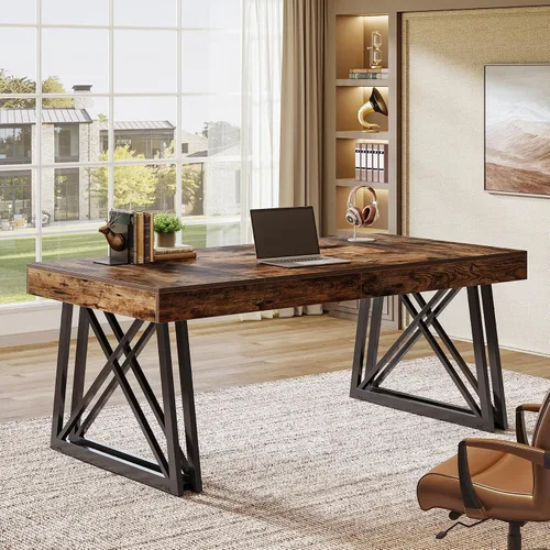Vista 8 de Tribesigns Escritorio ejecutivo de 63 pulgadas, escritorio para computadora de oficina de granja con patas resistentes en forma de X, mesa
