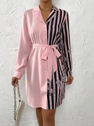 Vista 6 de WDIRARA Minivestido de manga larga con cinturón y rayas florales para mujer