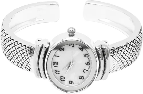Vista 2 de Rosemarie Collections Mujer con estilo ovalado en forma de madre de perla cara y pulsera de brazalete texturizado (plata), Movimiento de cuarzo