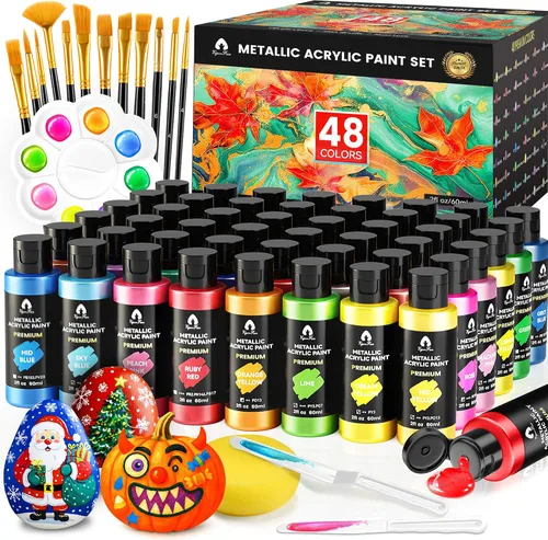 Vista 9 de Juego de pintura acrílica iridiscente de 40 piezas con 12 pinceles, 2 cuchillos y paleta, 24 colores (2 onzas/60 ml) - para adultos, artistas