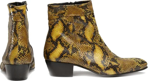 Vista 6 de Club Cubano EMMANUEL Botas de tacón cubano de piel con estampado de serpiente color amarillo