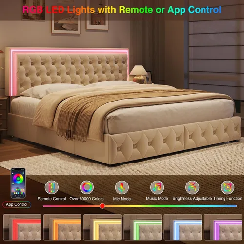 Vista 4 de Keyluv - Base de cama tapizada completa con LED, con 4 cajones, cama de plataforma de terciopelo con cabecera ajustable tapizada con botones