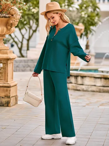 Vista 2 de MEROKEETY Conjunto de 2 piezas para mujer, de manga larga, con botones, suéter y pantalones, conjuntos de descanso