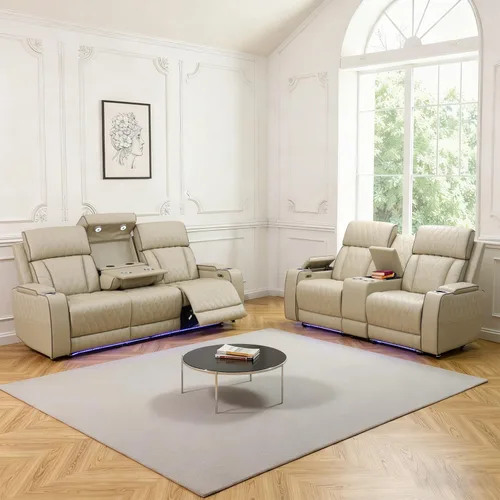 Vista 23 de Sofá reclinable con luces LED, sofá reclinable de cuero con dos asientos reclinables/puerto USB/consola de almacenamiento/soporte para vasos