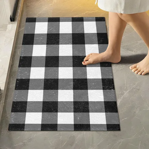 Vista 6 de Alfombra de baño a cuadros blancos y negros, suave, absorbente, lavable, alfombra de baño para piso de baño, alfombra de baño antideslizante