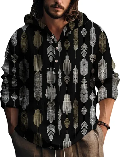 Vista 14 de Sudadera con capucha para hombre, con estampado de plumas, manga larga, 3 botones, a la moda, casual, para otoño, cómoda y suave
