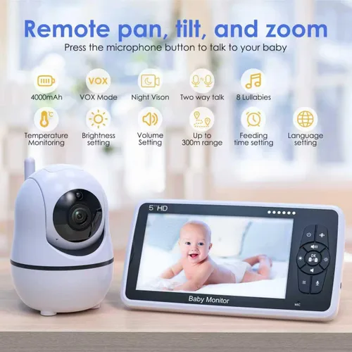 Vista 4 de Babystar Monitor de bebé con cámara y audio, resolución HD 720P, pantalla de 5 pulgadas, 4000 mAh hasta 22 horas de batería, zoom panorámico remoto