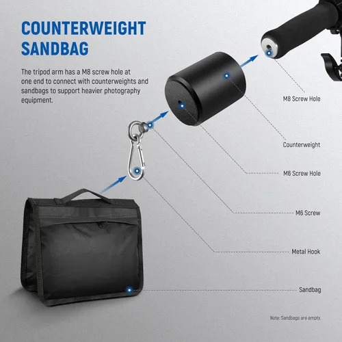 Vista 6 de NEEWER Brazo de trípode, de 35" a 61" (90 a 156cm) con contrapeso de 1.5kg y bolsa de arena, rosca de 1/4" compatible con caja de luz, luz