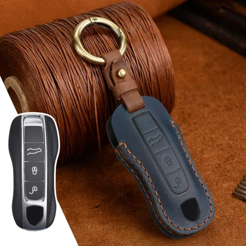 Vista 3 de Funda de cuero para llavero inteligente, funda de protección completa compatible con Porsche 911 Cayenne Macan Panamera Taycan 3 4 botones, 3 3