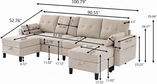 Vista 2 de Sofá modular convertible de 101 pulgadas, moderno sofá en forma de U de tela de lino con 2 otomanas de almacenamiento y bolsillo de almacenamiento