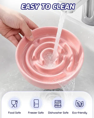 Vista 7 de TRUVIC Ceramic Slow Feeder Dog Bowl Small Breed Maze Cat Bowl (Pink)