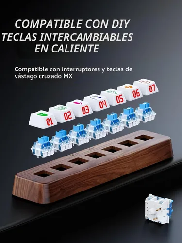 Vista 2 de Walnut Wood Hub USB 3.0 alimentado por 7 puertos, transferencia de datos de 5 Gbps, expansor de interruptor de teclado mecánico de 3 pines