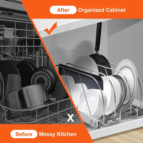 Vista 7 de VEVOR Estante para sartenes y ollas, organizador extensible para debajo del gabinete, organización de bandejas para hornear galletas, separadores