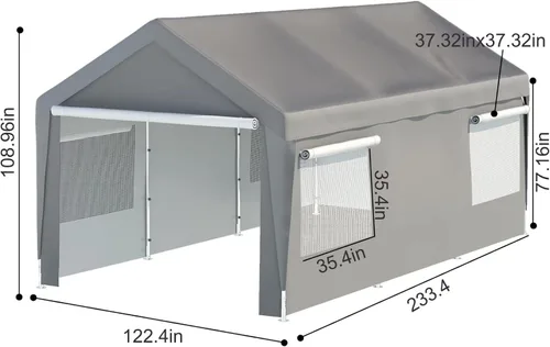 Vista 4 de Thanaddo Cochera de Servicio Pesado de 10 x 20 pies, Toldo para Garaje de Automóvil, con Ventanas Ventiladas Enrollables, Refugio para Automóvil