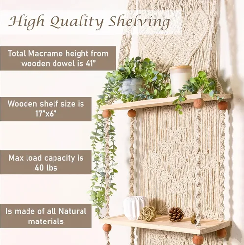 Vista 5 de Estante de Pared de Macramé Colgante (Nivel 2, Blanco Natural)
