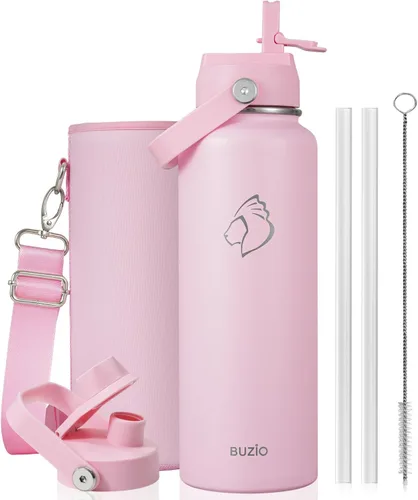 Vista 18 de BUZIO Botella de agua aislada de 24 oz, frasco de agua de boca ancha de acero inoxidable con tapa de pajita, frío durante 48 horas a prueba de Negro