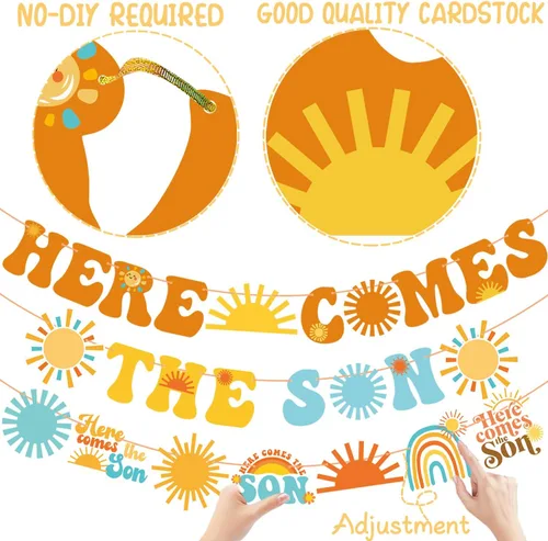 Vista 4 de Cartel para baby shower con texto en inglés «Here Comes The Son» «Here Comes The Sun», decoración para baby shower, 3 piezas, decoración de fiesta