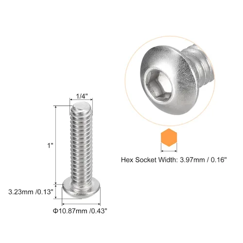 Vista 2 de uxcell Tornillos de cabeza de botón de 1/4-20x1, 25 piezas de tornillos hexagonales de acero inoxidable 304, tornillos de rosca completa