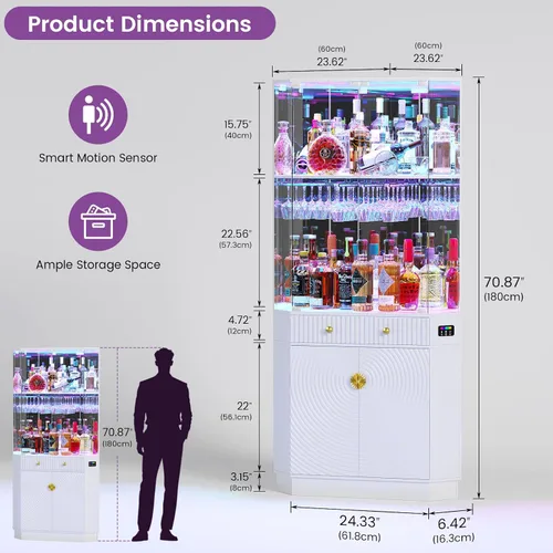 Vista 2 de Armario de bar de vino de esquina de 71 pulgadas de alto con luces Blanco