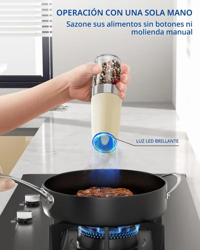 Vista 4 de CIRCLE JOY Gravity - Juego de molinillo eléctrico de sal y pimienta con luz LED, funciona con pilas, grosor ajustable, gran capacidad