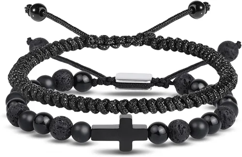 Vista 30 de Pulseras de cuentas negras para hombres y niños: 0.236 in de obsidiana ónix cuentas de lava para hombre conjunto de pulseras para hombre - Genial