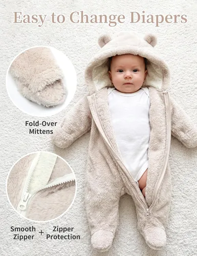 Vista 4 de Traje de nieve para bebé recién nacido con forro polar, mono/pelele con capucha cálido para bebé Beige con pies