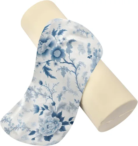 Vista 2 de Qilmy Blue and White Florals Neck Roll Pillow, Memory Foam Round Pillow Cylinder Bolster Pillow for Sleeping, Cervical Roll Pillows for Pain Relief