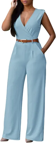 Vista 2 de Pink Queen Overol para mujer, cuello en V, sin mangas, pierna ancha, pantalones largos