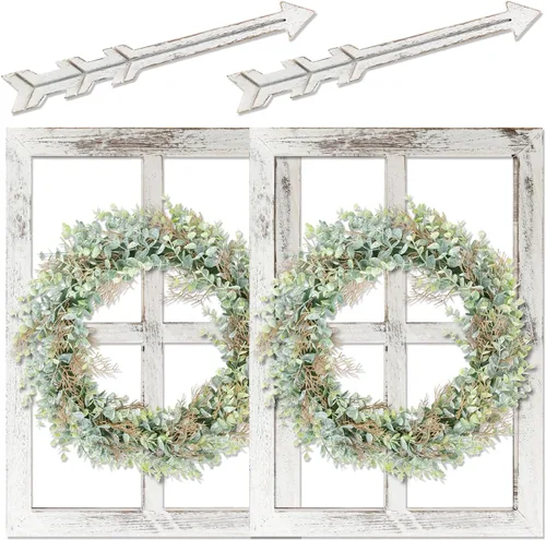 Vista 9 de Marco de ventana de madera rústica con corona verde y flechas para decoración de pared, marco de ventana estilo granja colgante, decoración falsa