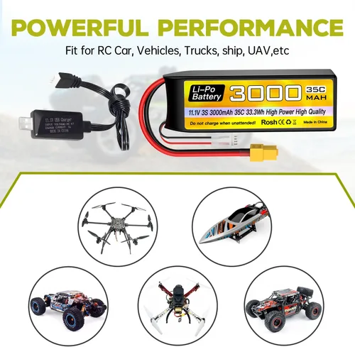 Vista 5 de 3S Lipo Batería 11.1 V 3000 mAh 35C con enchufe XT60 con cable de carga USB para RC Car Truck RC Barco Quadcopter FPV Drone
