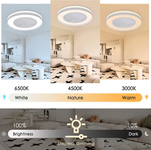 Vista 2 de Ventiladores de techo inteligentes de bajo perfil con control remoto/APP de 3 luces regulables, ventiladores de techo sin aspas de 20" con 6
